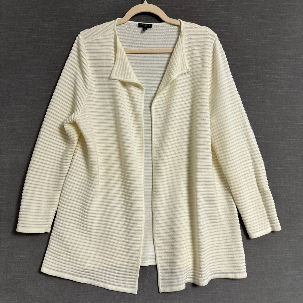 Talbots Cardigan L Petite Cream Ribbed Knit Open Front Long Sleeve Casual Layer
